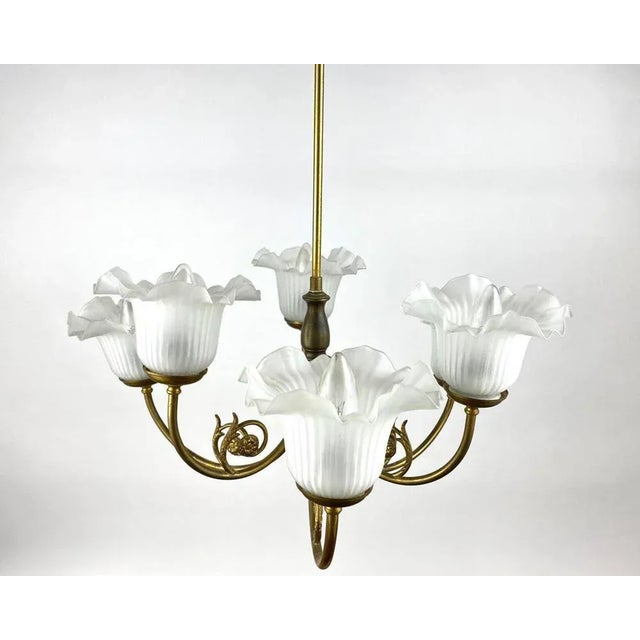 Vintage Gilt Brass & Frosted Glass Chandelier, France, 1970s For Sale - Image 4 of 10