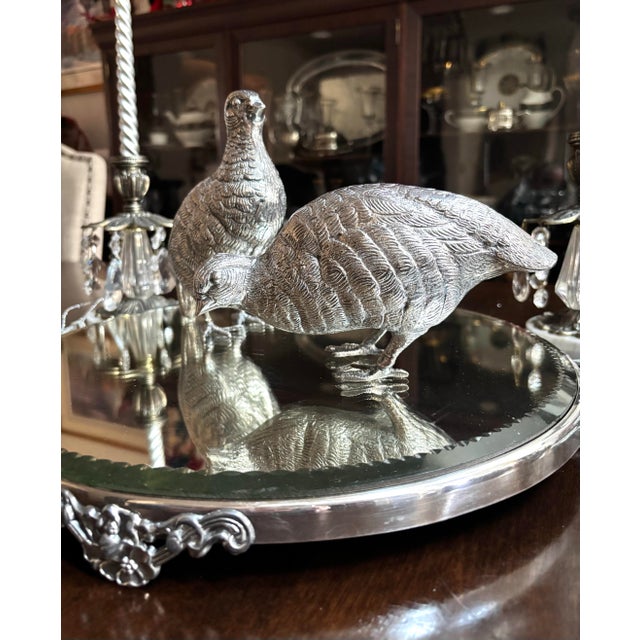 Platinum Beautiful Vintage 14” Mirror Glass Plateau Stand Tray With Floral SilverPlate Border For Sale - Image 8 of 10