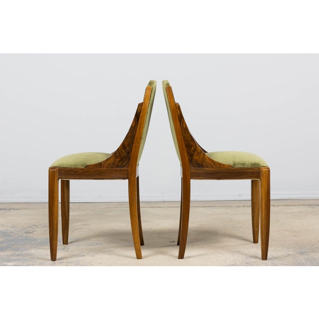 1920s French Art Deco Walnut Gondola Dining Chairs in Olive Green - Set of 8 For Sale - Image 16 of 18