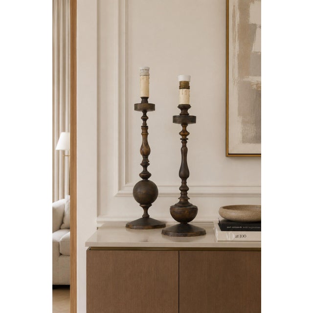 Metal Vintage Art Deco Italian Bronze Candlesticks Table Lamps, 1930, Set of 2 For Sale - Image 7 of 13