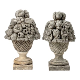 Pair of Vintage Cast Stone Fruit Basket Garden Finials & Architectural Urns For Sale