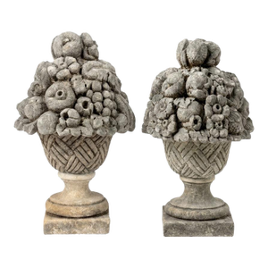 Pair of Vintage Cast Stone Fruit Basket Garden Finials & Architectural Urns