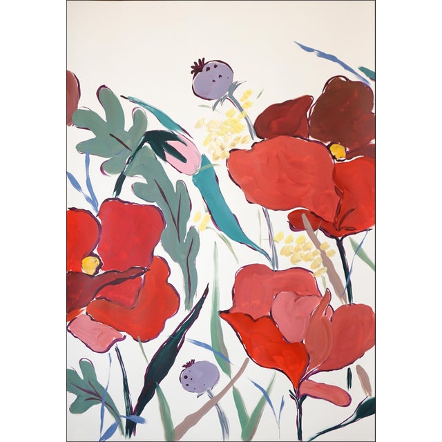 2025, Illustration Style, Original Painting, Large Triptych Landscape, French Prairie, Poppies and Wildflowers, Acrylic Paint on Watercolor Paper For Sale - Image 4 of 11