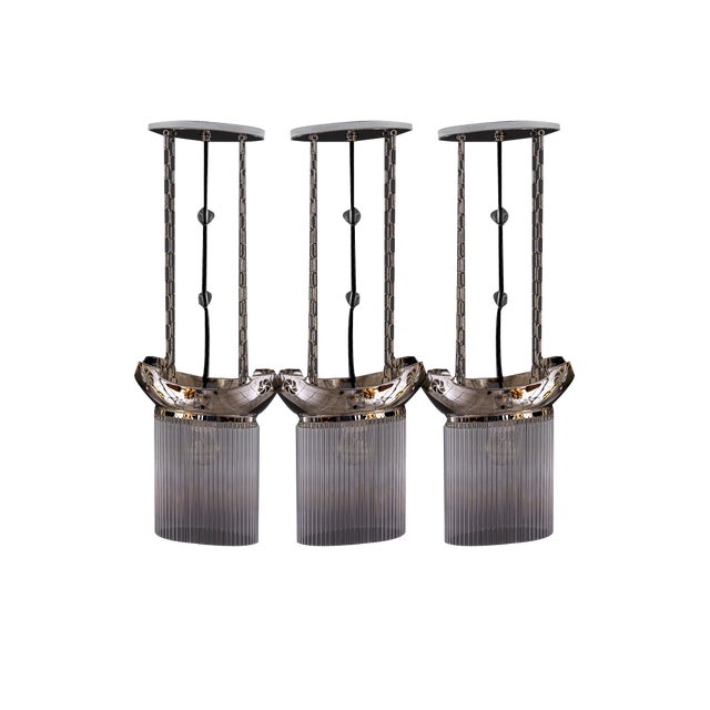 Art Deco Nickel-Plated Pendants with Glass Sticks, 1920s, Set of 3 For Sale