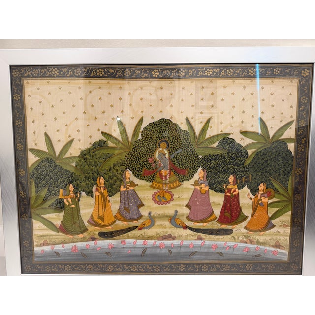 Framed Traditional Indian Krishna With Gopis Garden Tapestry – Silk (Pichwai/Kishangarh Style Inspired) For Sale - Image 4 of 5