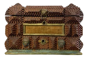 Late 19th Century Tramp Art Jewelry Box With Metal Lion Pulls