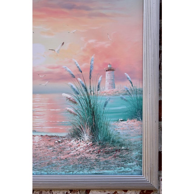 Blue Vintage Coastal Beach Scene Original Oil Painting For Sale - Image 8 of 13