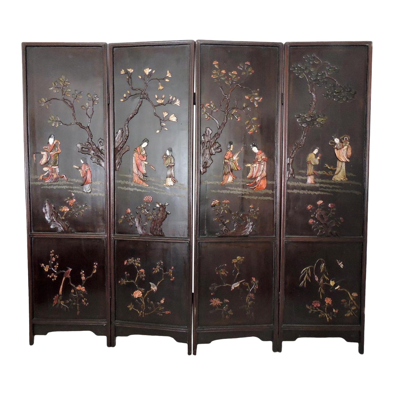 Antique Chinese Four Panel Room Divider or Screen of the Four Seasons