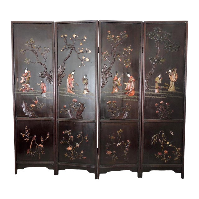 Antique Chinese Four Panel Room Divider or Screen of the Four Seasons With Calligraphy and Semi