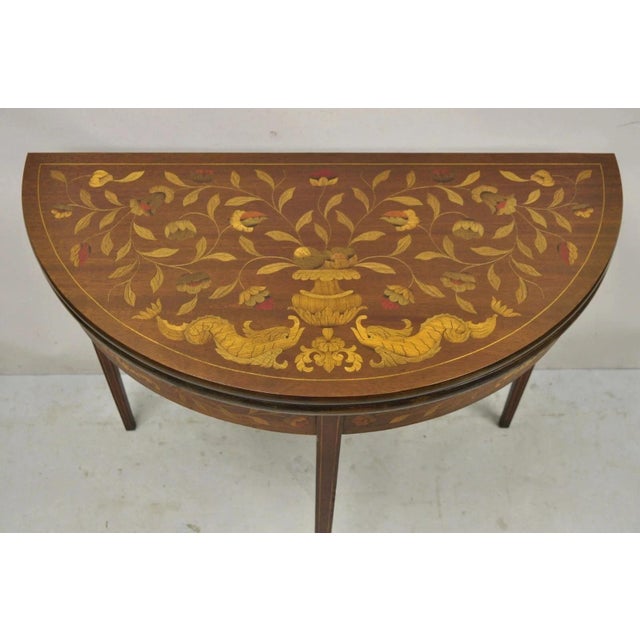 Traditional Antique Dutch Marquetry Inlay Flip Top Demilune Round Console Game Table For Sale - Image 3 of 12