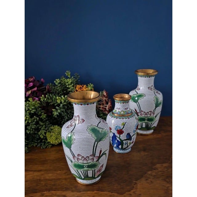 Vintage Chinese Enameled Cloisonné Vase Set For Sale - Image 12 of 18