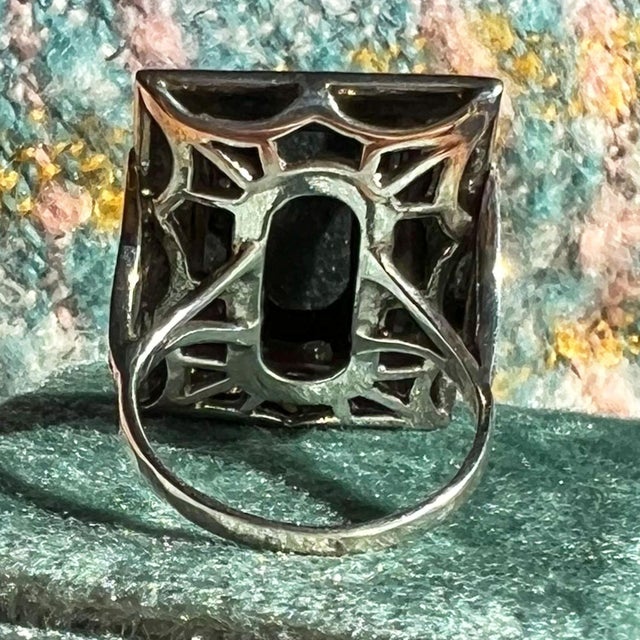 Antique Art Deco Onyx Marcasite Cocktail Ring, C. 1920, Size 8 For Sale - Image 4 of 11