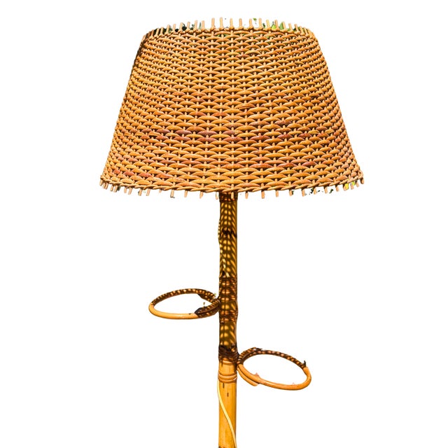 Mid-Century Modern Vintage French Riviera Rattan Floor Lamp with Woven Shade in the style of Audoux-Minet, 1960 For Sale - Image 3 of 5