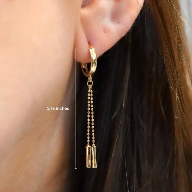 Metal 14k Gold Ball Chain Dangling Drop Huggie Hoop Earrings, A Pair For Sale - Image 7 of 9