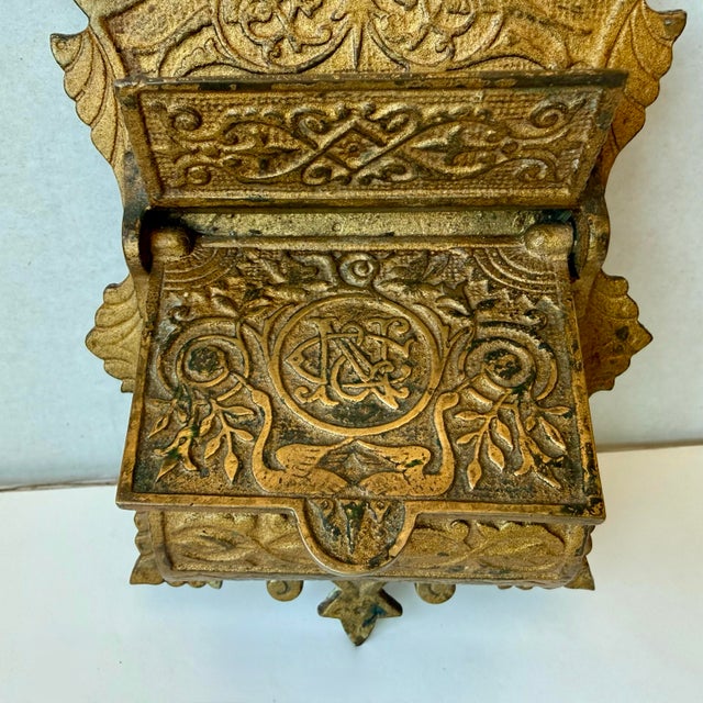 Metal Antique Brass Double Match Holder With Side Strikers Ornate Bird Theme Wall Mount For Sale - Image 7 of 12