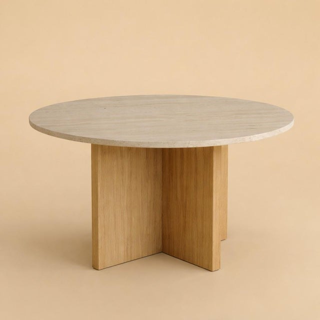 Round Roman Travertine and Oak Dining Table by Lebanto For Sale - Image 4 of 4