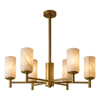 Handcrafted Brass 6-Light Chandelier With Natural Alabaster Shades, Dining Room Chandelier, Kitchen Island Lighting For Sale