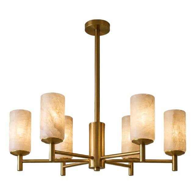Handcrafted Brass 6-Light Chandelier With Natural Alabaster Shades, Dining Room Chandelier, Kitchen Island Lighting For Sale