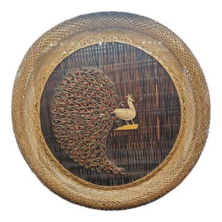 Vintage 1970s Wicker Peacock Wall Hanging Boho Rattan Woven Art (Lg) For Sale