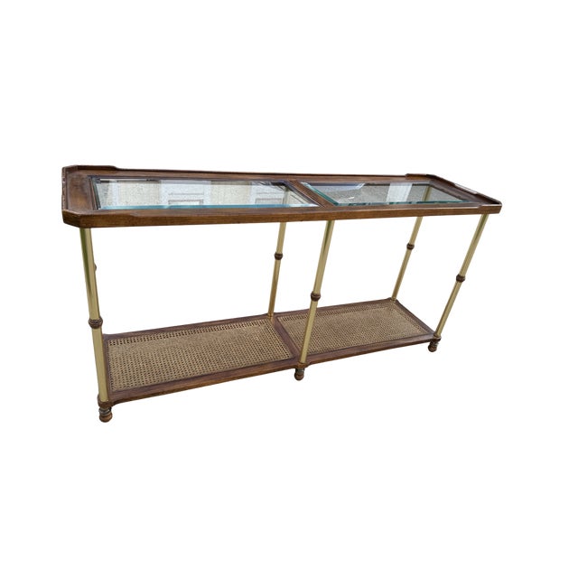 Vintage Hollywood Regency Faux Bamboo Brass Console Table With Cane Shelf & Double Glass Top | Chinoiserie Campaign Entry Table For Sale - Image 6 of 12