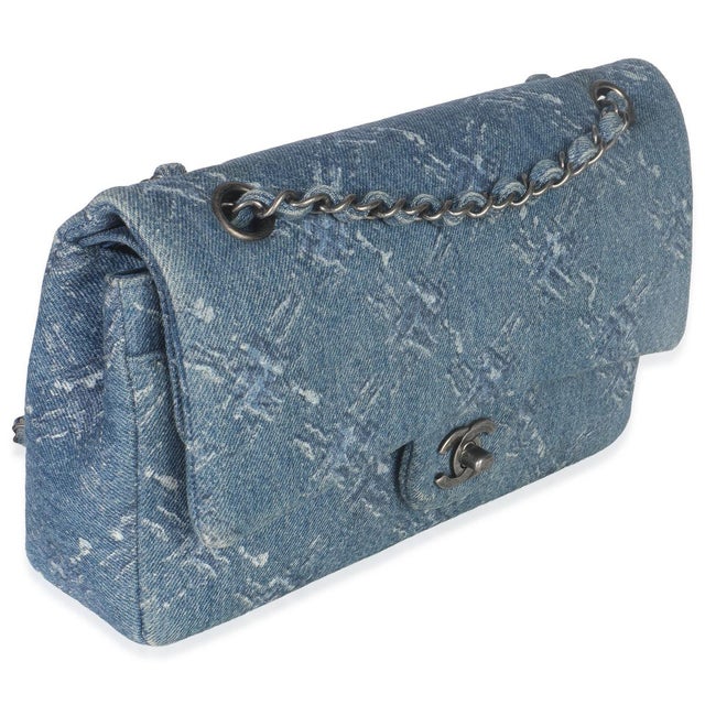 Traditional Blue Bleached Chain Printed Denim Medium Classic Double Flap Bag For Sale - Image 3 of 9