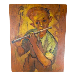 Mid-Century American Impressionist Abstract Portrait of a Boy Playing a Flute