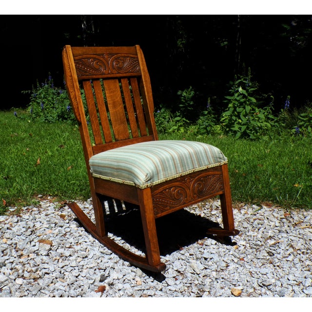 Art Nouveau Antique Arts & Crafts Art Nouveau Mission Solid Oak Rocker Rocking Chair For Sale - Image 3 of 17