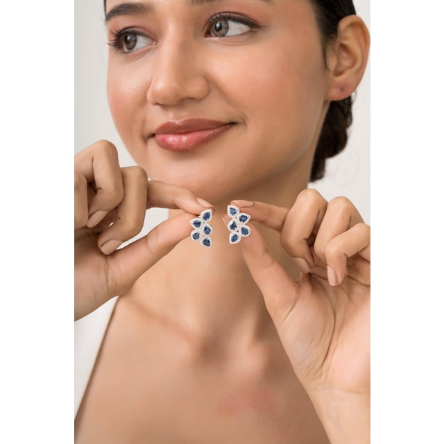 Not Yet Made - Made To Order 14k Solid Gold Wing-Shaped 4.02 Ct Blue Sapphire Diamond Cluster Earrings- 2 Pieces For Sale - Image 5 of 14