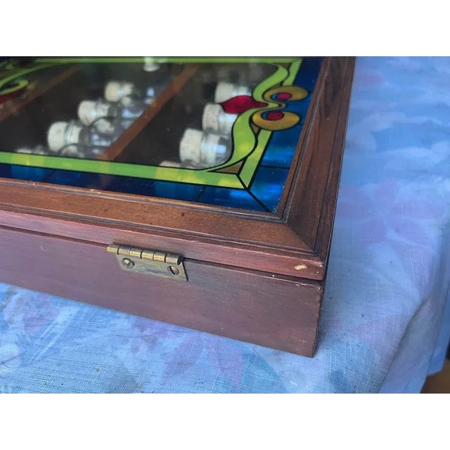 Late 20th Century Vintage Art Deco Style Painted Glass Panel Spice Rack Cabinet With 30 Bottles For Sale - Image 4 of 12