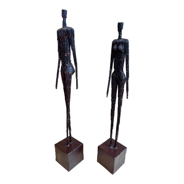 1980s American Brutalist Welded-Steel Figural Sculptures, Giacometti Style — A Pair For Sale