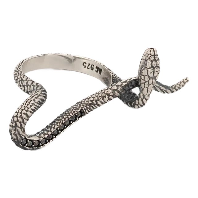 Mythology Snake Sterling Silver & Black Diamond Design Ring, Size 6 For Sale