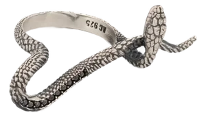 Mythology Snake Sterling Silver & Black Diamond Design Ring, Size 6