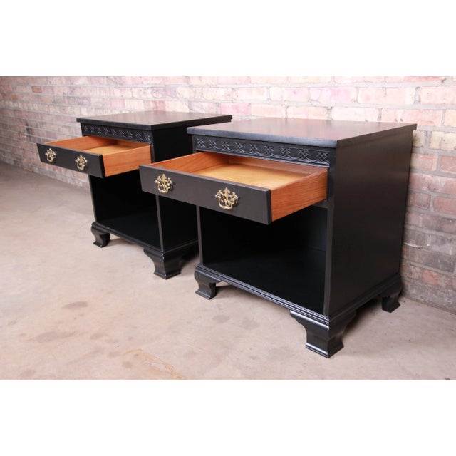 Black Baker Furniture Chippendale Black Lacquered Nightstands, Newly Refinished - a Pair For Sale - Image 8 of 13