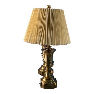 Mid Century Stiffel Solid Brass Hollywood Regency Lamps With Original Knife Pleated Shades - A Pair For Sale