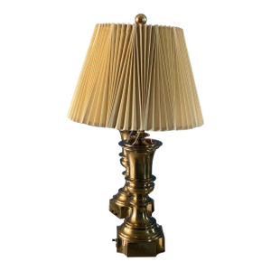 Mid Century Stiffel Solid Brass Hollywood Regency Lamps With Original Knife Pleated Shades - A Pair