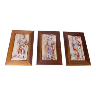 Italian Framed Figural Warrior Terracotta/Porcelain Enamel Panels - Set of 3 For Sale