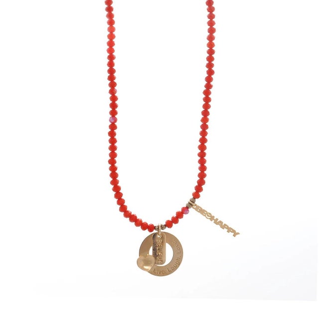 Believe & Be Happy Red Crystal Beaded Gold Choker Necklace For Sale In Miami - Image 6 of 13