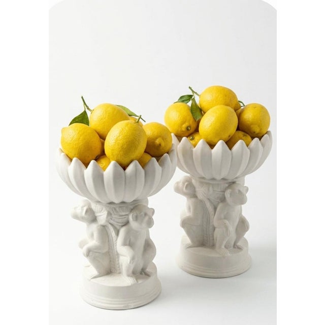Chelsea House Inc Vintage White Ceramic Monkey Bananas Tall Catchall Statues Bowls- A Pair For Sale - Image 4 of 8