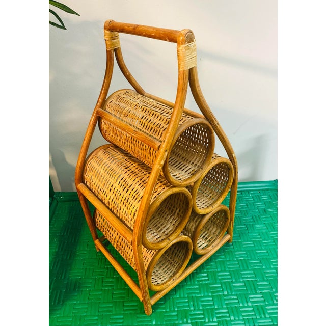 Camel 1970s Vintage Boho Coastal Wicker Rattan Sculptural Wine Bottle Rack Holder For Sale - Image 8 of 11