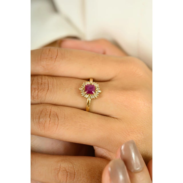 Not Yet Made - Made To Order 14k Gold Ruby Diamond Starburst Ring for Her Engagement Size 6 For Sale - Image 5 of 11