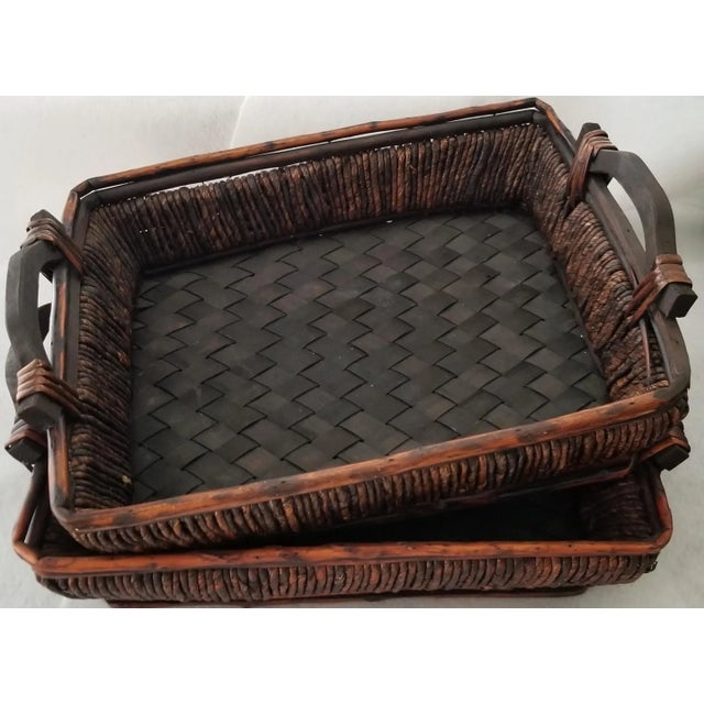 Brown Lattice Surface Dark Brown Bamboo Trays W/ Wooden Handles - a Pair For Sale - Image 8 of 8
