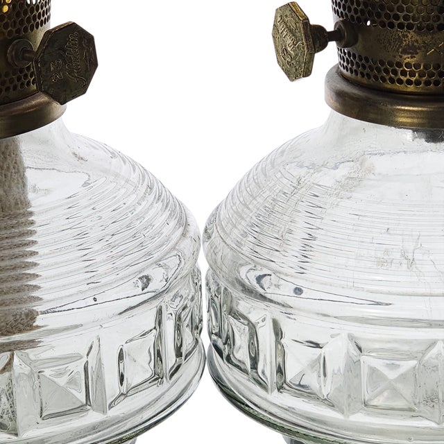 Aladdin Model 23 Glass & Brass Oil Lamps – Pair With Original Chimneys For Sale - Image 13 of 13