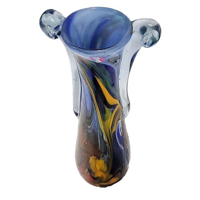 Vintage Tim Lazer Signed Hand-Blown Art Glass Amphora Handle Vase For Sale - Image 4 of 10