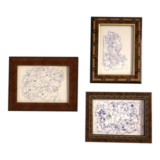 1980’s 3 Vintage Small Wayne Cunningham Abstract Blue Ink Drawings Inlaid Wood Frames-Collection of 3 For Sale