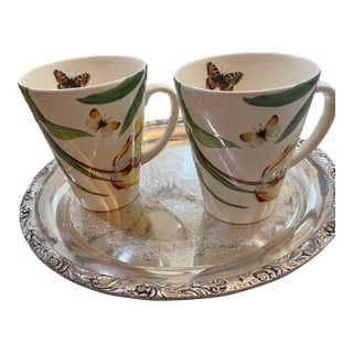 Spode Floral Haven Latte Butterfly Motif Bone China Mugs, Made in England- Set of 2 For Sale