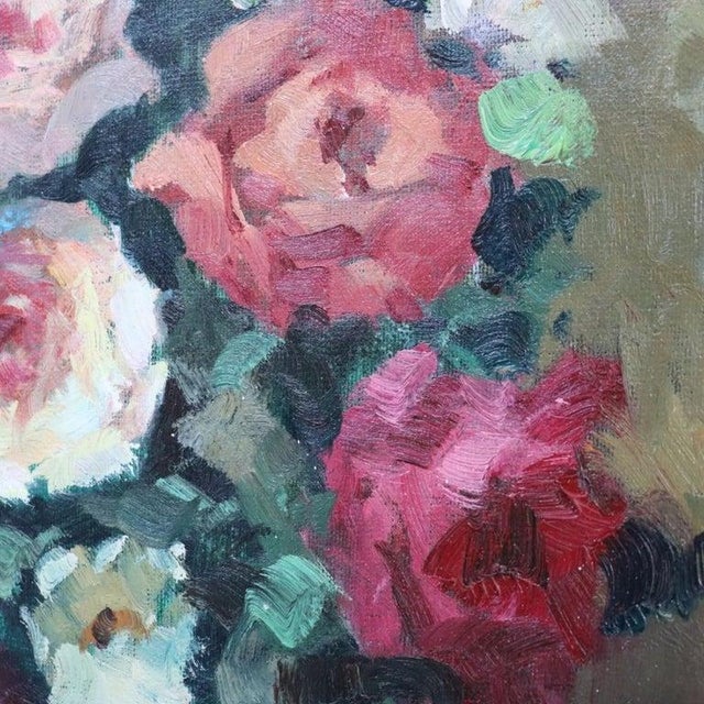 Vintage Oil on Canvas Floral Still Life Painting of Garden Roses C1960 For Sale - Image 4 of 14
