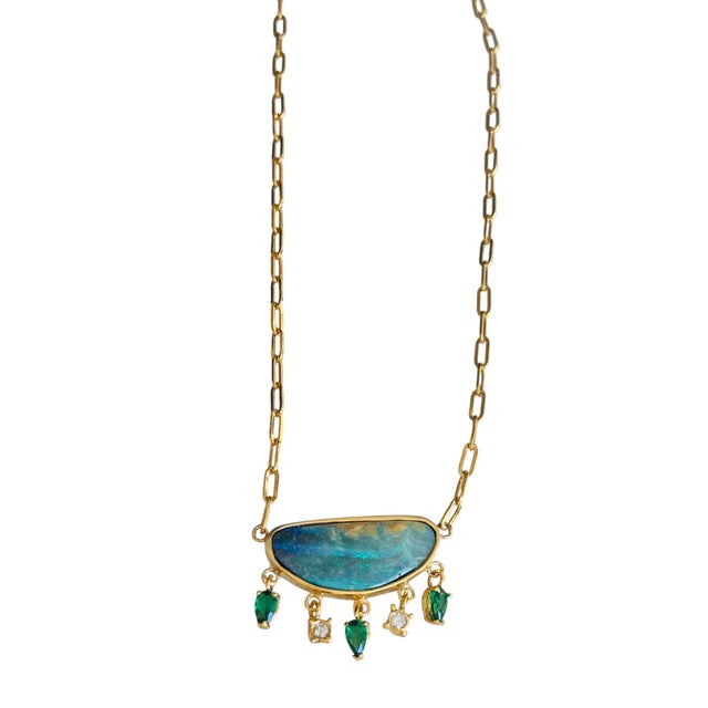 14k Gold Australian Opal Necklace With Emeralds & Diamonds For Sale - Image 12 of 12