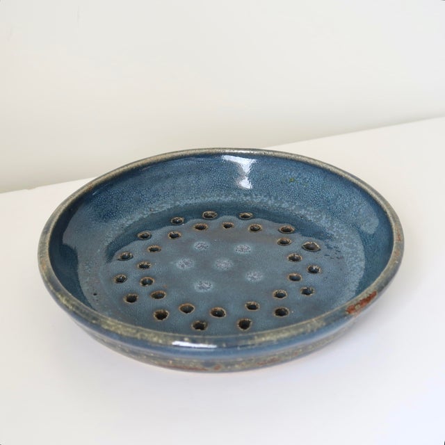 Signed Studio Pottery Ceramic Colander Dish in Mottled Blue Glaze For Sale - Image 4 of 15