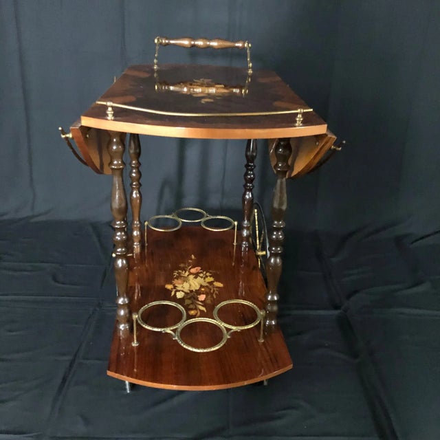 1920s Italian Marquetry Lacquered Drop Leaf Walnut and Brass Bar Cart For Sale - Image 5 of 13