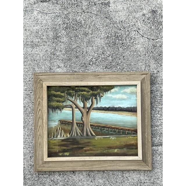 American Vintage Original Lakeside Oil on Canvas For Sale - Image 3 of 12